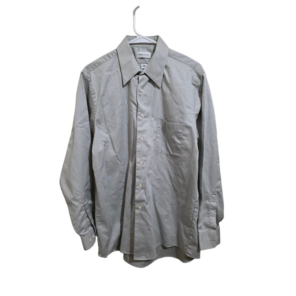 Van Heusen Grey Gingham Long Sleeve Men's Shirt Size Large 16" 34/35